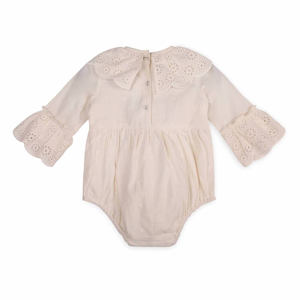 NEW VIVERANO ORGANICS baby girl schiffli lace clown collar romper in beige